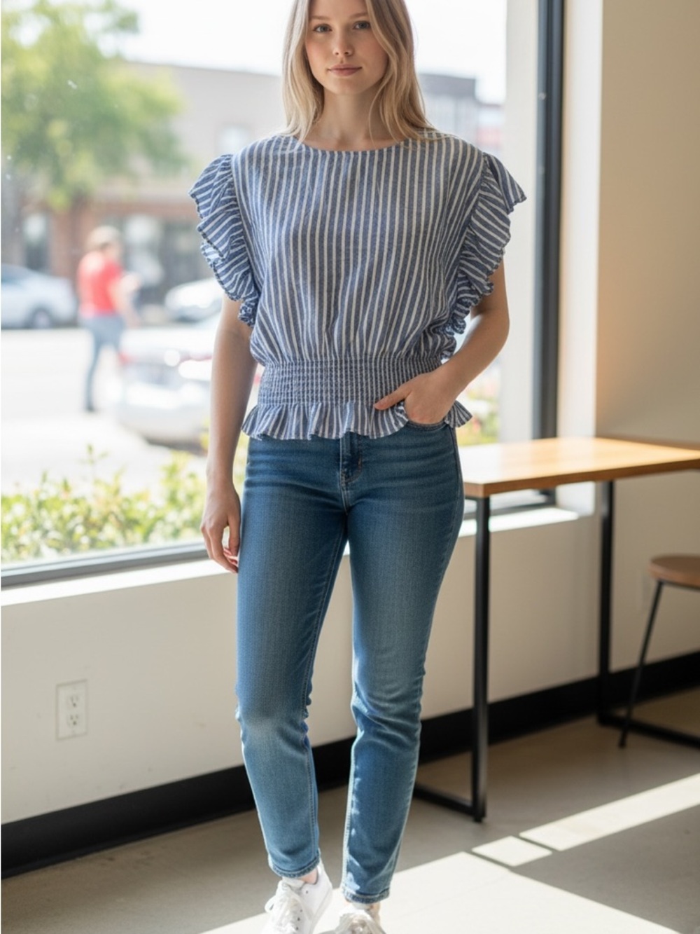Madewell Blue and White Striped Ruffle Sleeve Top